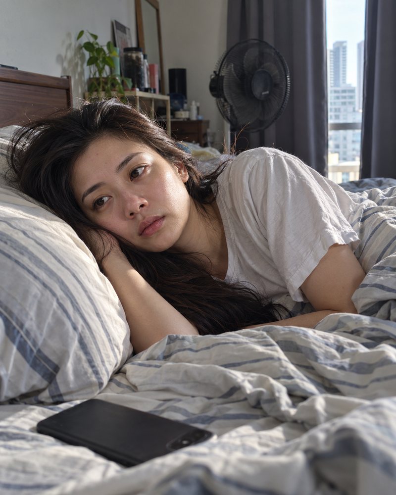 Woman lying awake in bed at night, staring into the dark