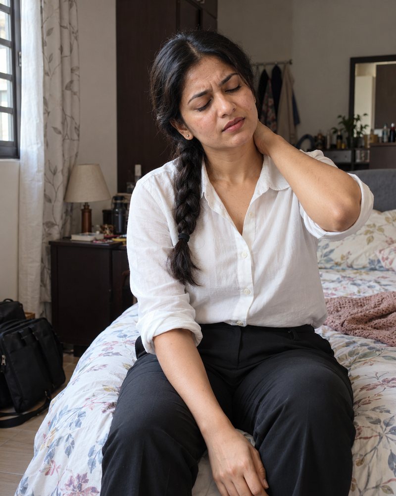 Woman on the edge of her bed late at night rubbing her tense neck