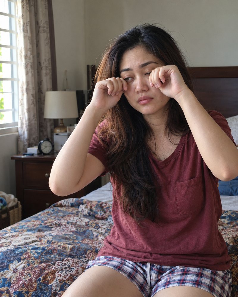 Woman sitting on her bed in the morning rubbing her eyes, unrested