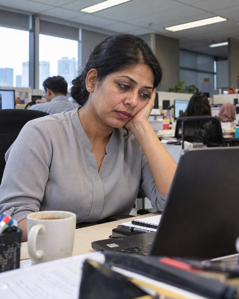 Woman at her office desk in the afternoon, head propped on her hand, drained