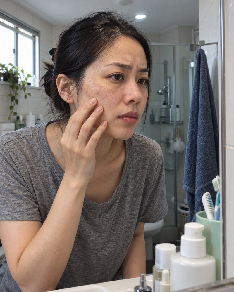Woman at the bathroom mirror touching dark spots on her cheek