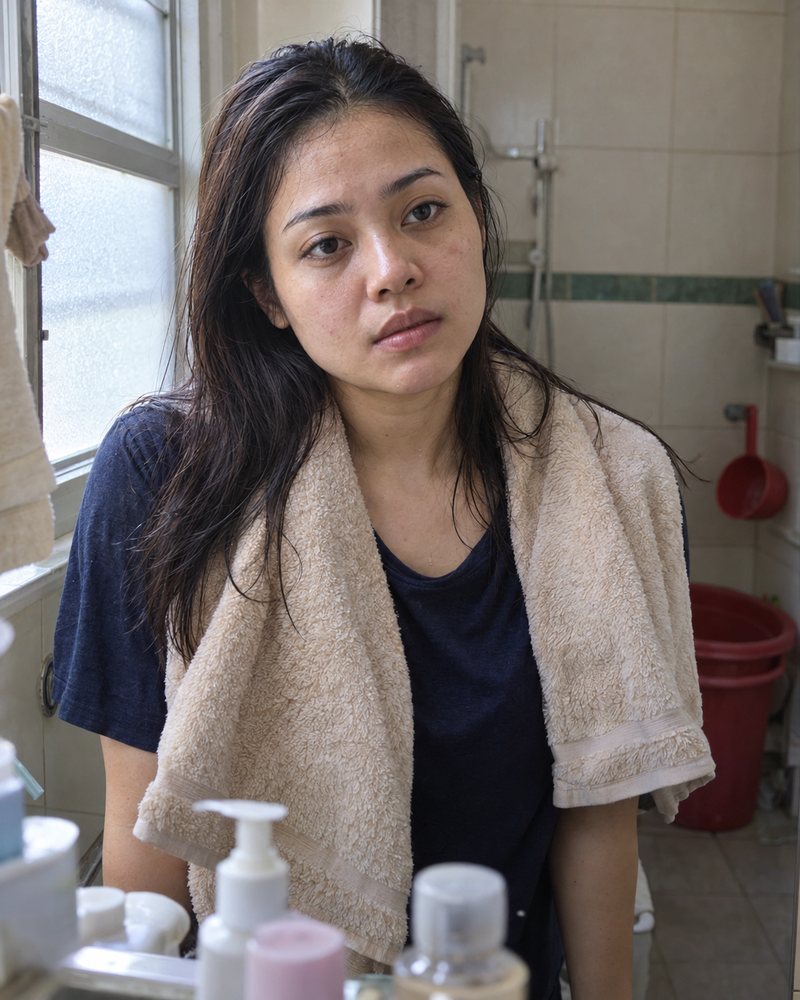 Woman looking at her dull, tired skin in the mirror after washing her face