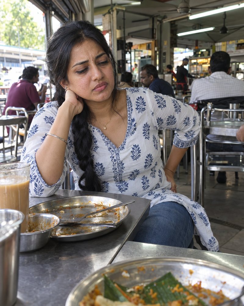 Woman at a mamak table after a meal, hand on her bloated stomach