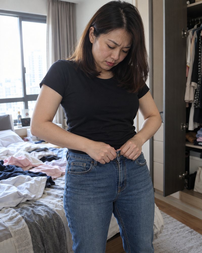 Woman struggling to button her jeans