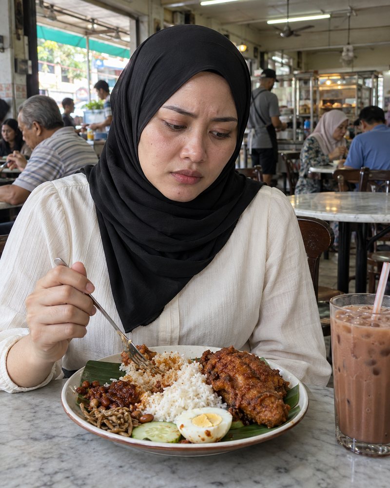Woman hesitating over a big plate of nasi lemak